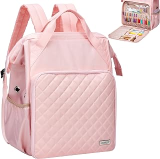 HOMEST Knitting Crochet Bag Backpack - Large Yarn Storage Organizer with Custom Pockets, Grommets, Fits 28+ Skeins, Pink