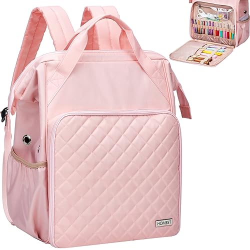 HOMEST Knitting Bag Backpack, Crochet Storage Organizer, Large Yarn Holder with Custom Front Pocket for Crochet Accessories and Supplies, Pink
