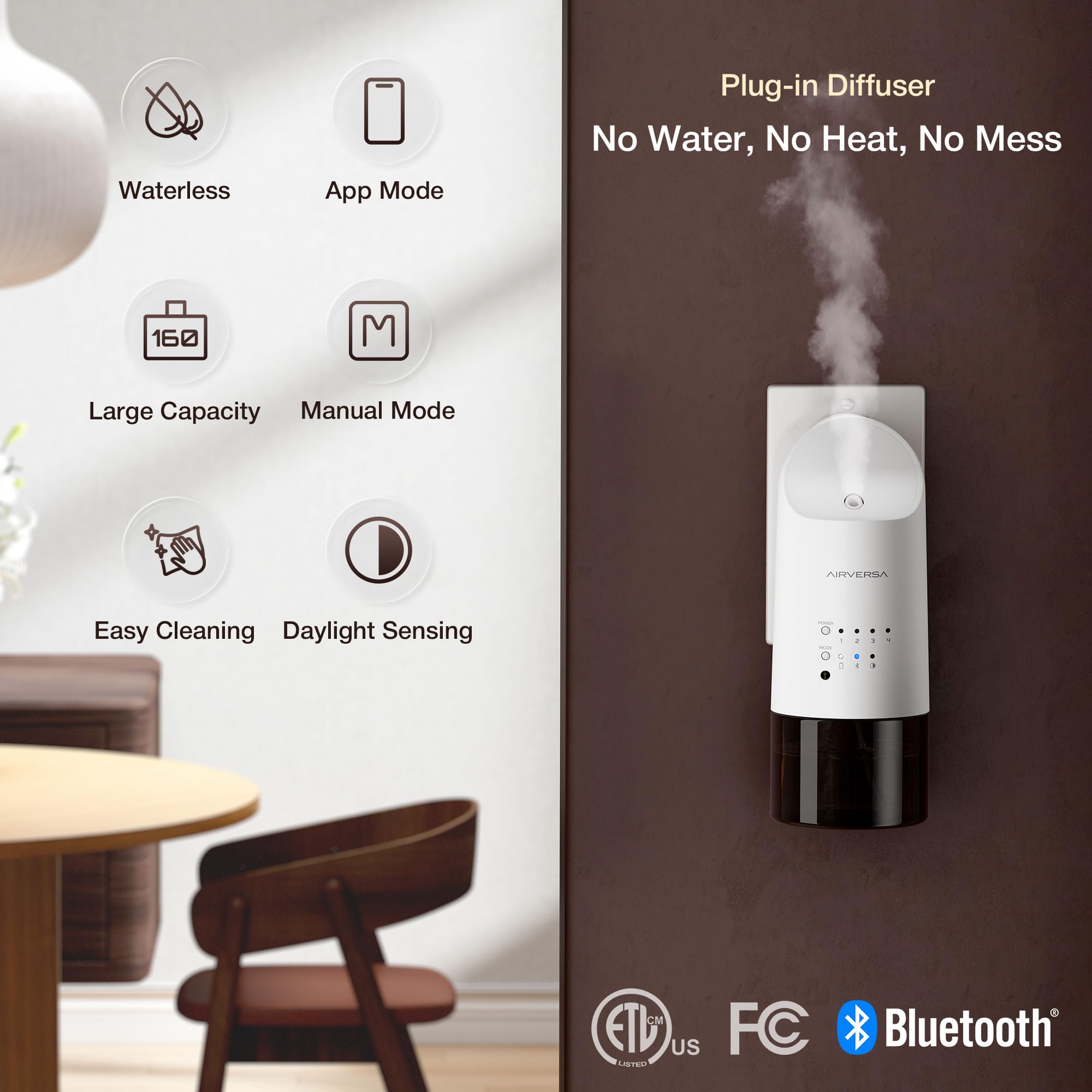Airversa Smart wasserloser Steckdosen Diffusor für ätherische Öle, 160 ml, App- und Tastensteuerung, für Räume bis zu 74 m², ideal für Zuhause, Zimmer, Spa, Büro, Studio, ANP