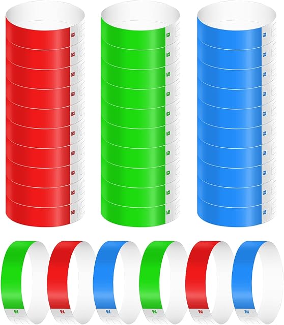 KINBOM 300 Pcs Neon Wristbands, Waterproof Paper Bracelets for Events Colorful Wrist Party Bands Armbands Paper Wristbands for Events Party Concerts Music Festivals and Fairs (Green, Red, Blue)