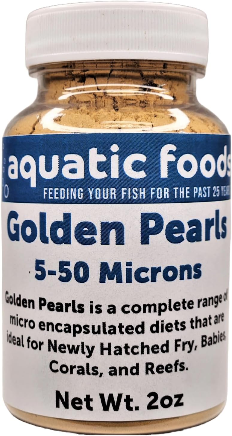 Aquatic Foods Inc. Golden Pearls 5-50 Microns (Powder) Newly Hatched Fry and Babies of Shrimp, Axolotls, Discus, Cichlids, Catfish, Tetras, Angel Fish, Guppies, Bettas, Corals, Reefs - 2oz Bottle