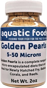 Golden Pearls 5-50 Microns Powder Newly Hatched Fry and Babies of Shrimp, Axolotls, Discus, Cichlids, Catfish, Tetras, Angel Fish, Guppies, Bettas, Corals, Reefs - 2oz Bottle