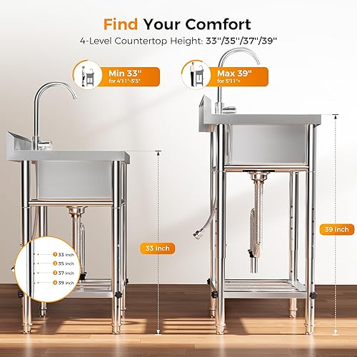 Miniatura 2 de Fregadero utilitario compacto de 23 pulgadas de ancho de acero inoxidable 188 con 4 alturas ajustables y giratorio de 360 sin plomo, grifo sin