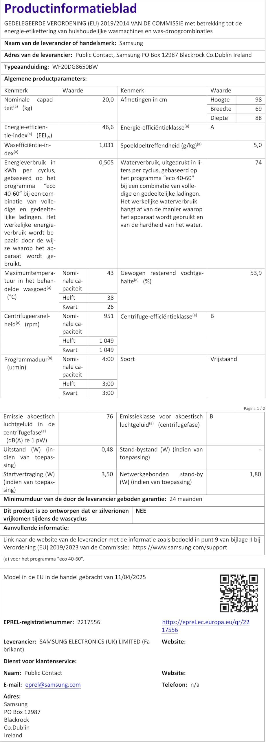 Mal Front - 20kg - B - Moteur Dit - Ecobubble™ - Programme Anti-allerg - WF20DG8650BW