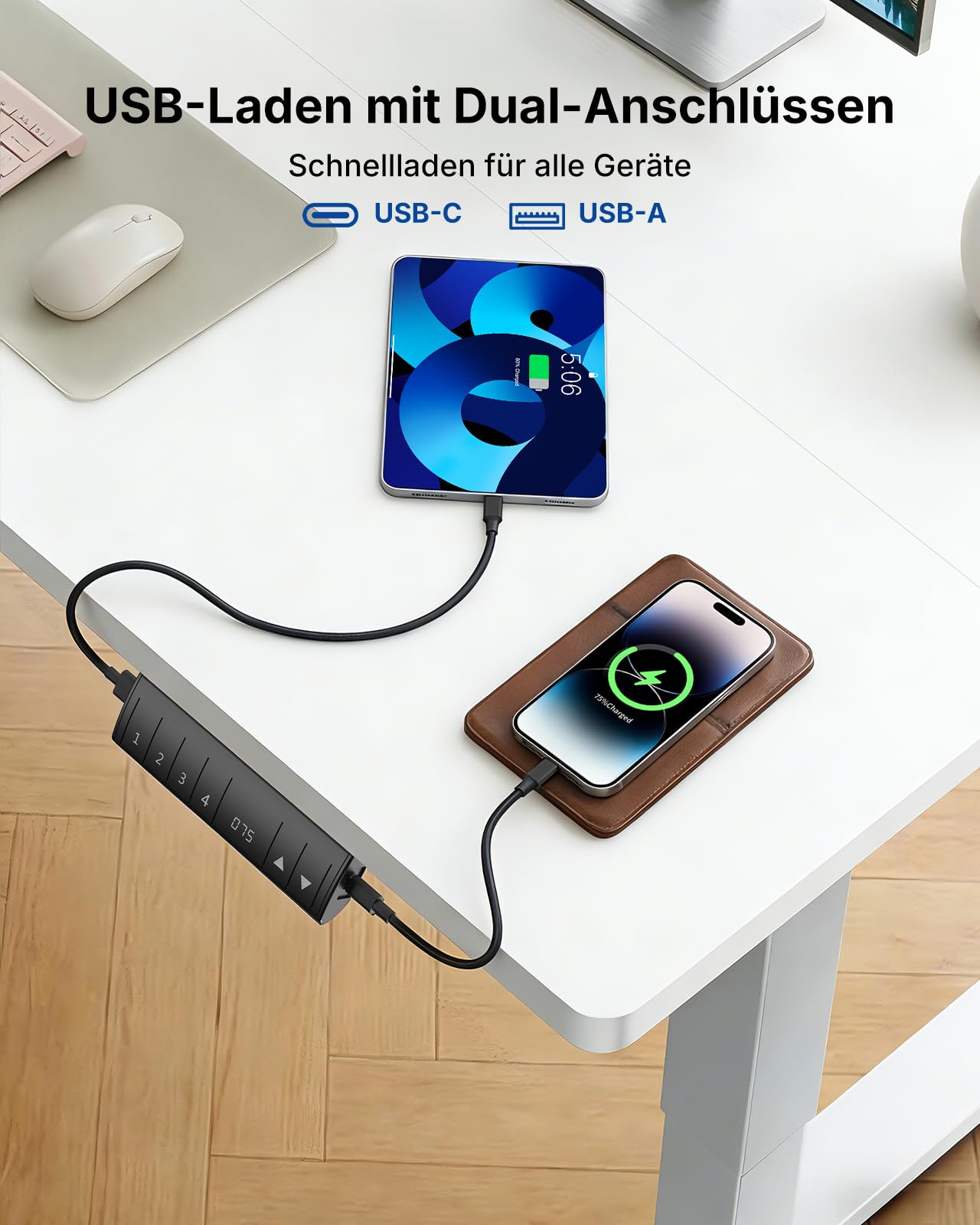 HUANUO Höhenverstellbarer Schreibtisch 120x80cm mit USB-C- & USB-A-Ladeanschluss, Höhenverstellbar von 72-118cm,4 Gedächtnis-Voreinstellungen, Kabelmanagement & Haken