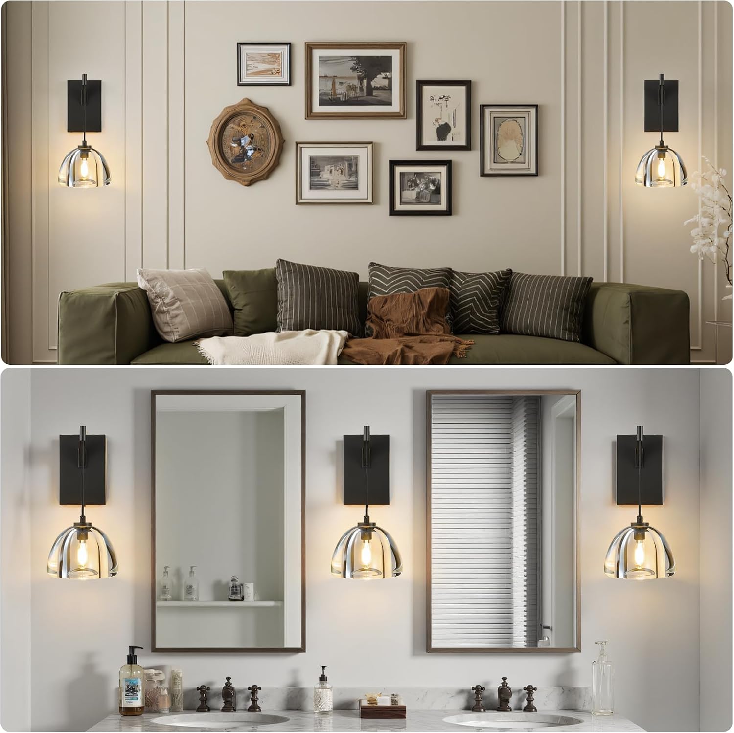 Crystal Brass Dome Wall Sconce - Luxury Matte Brushed Lighting Fixture with K9 Crystals Cloche - Dimmable Indoor Hanging Light - Modern Black Sconces for Bathroom Bedroom Living Room Stair