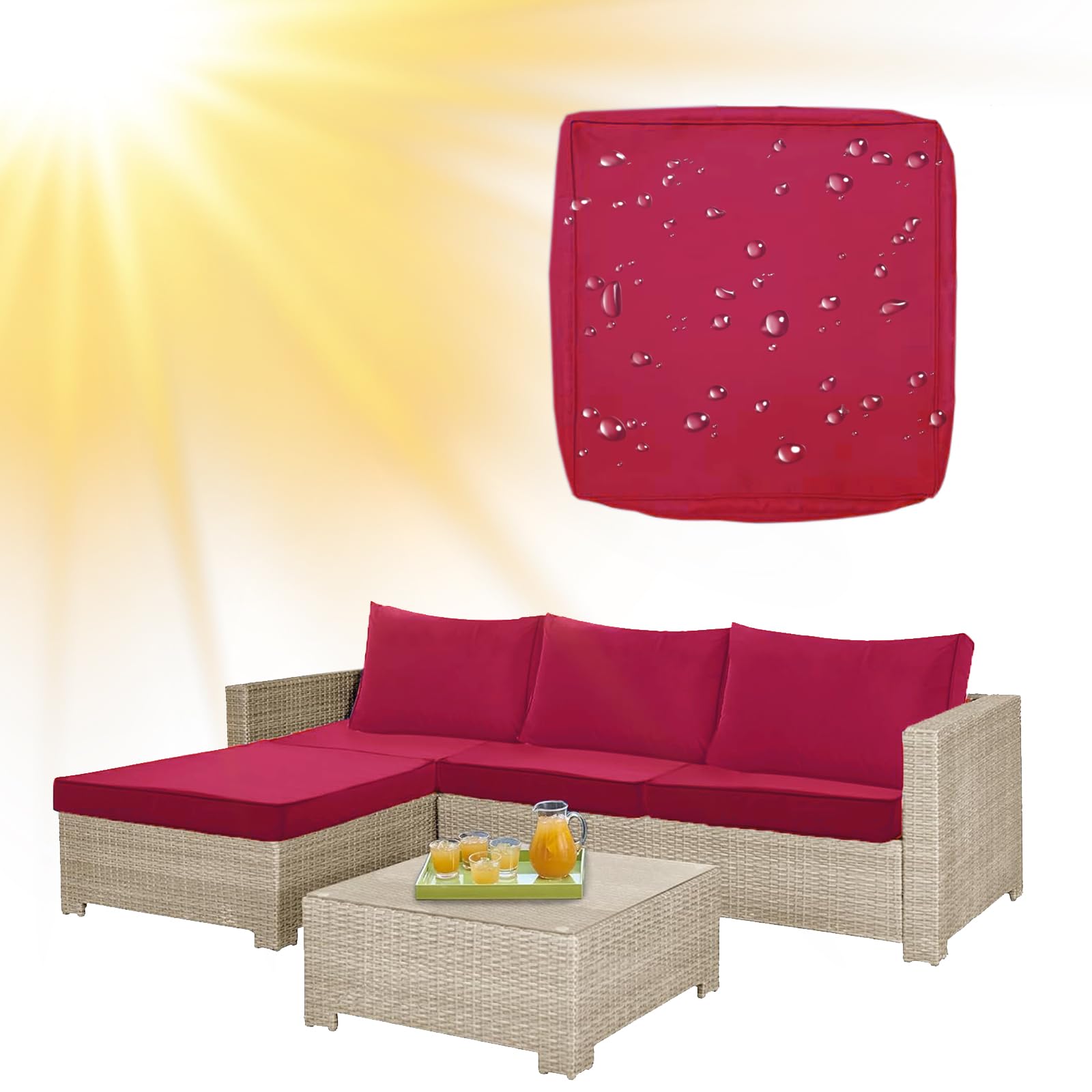 SYLC Water Repellent Patio Cushion Covers UV Resistant Garden Rattan Cushion Covers with Zipper Outdoor Couch Cushion Slipcovers for L Shape/Corner (1 pc 60×55×10 cm,Rose red)