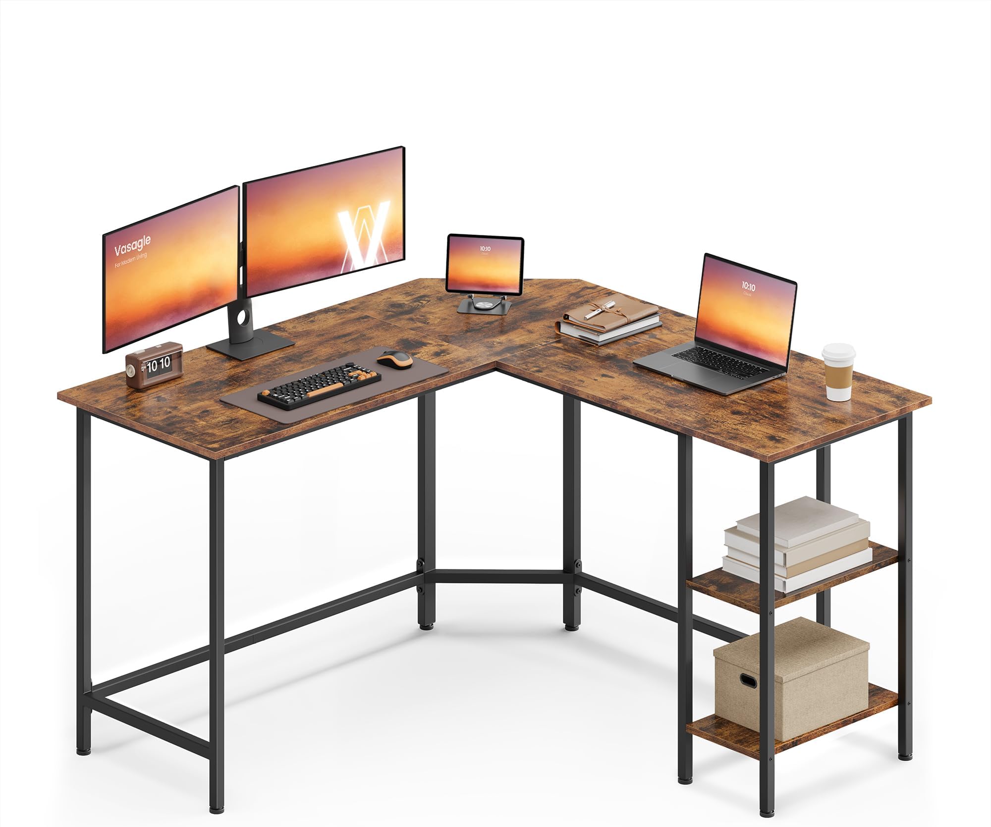 VASAGLE Computer Desk, L-Shaped Corner Desk, 120 x 130 x 76 cm, Gaming Desk, Workstation with 2 Storage Shelves for Home Office, Space-Saving, Easy to Assemble, Rustic Brown and Ink Black LWD123K01