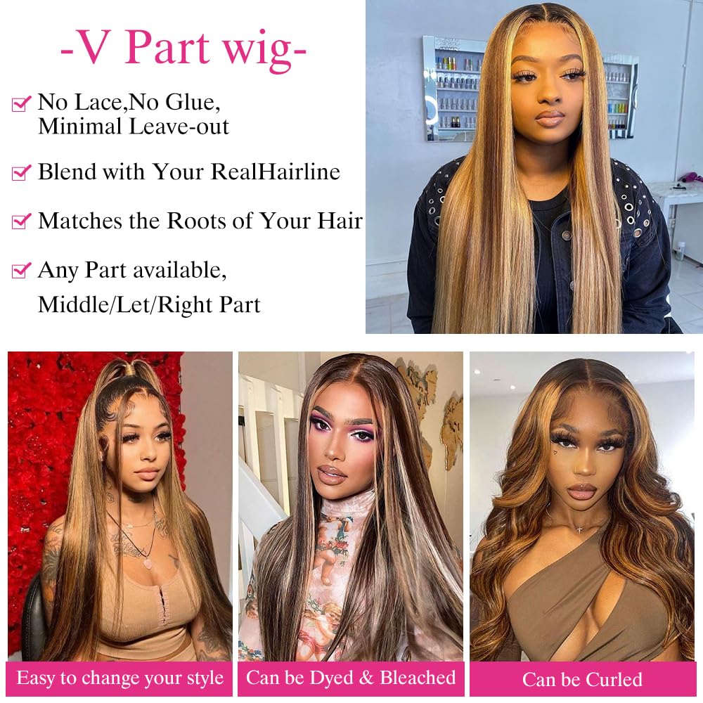 180% Density Straight V Part Wig Human Hair Highlight Blonde No Glue Blonde Straight V Part Wig Real Human Hair - WIGI – WIGI Hair main image 3