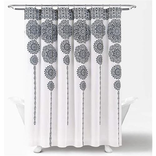 Lush Decor Stripe Medallion Shower Curtain-Fabric Mandala Bohemian Damask Print Design, 72" x 72", Navy