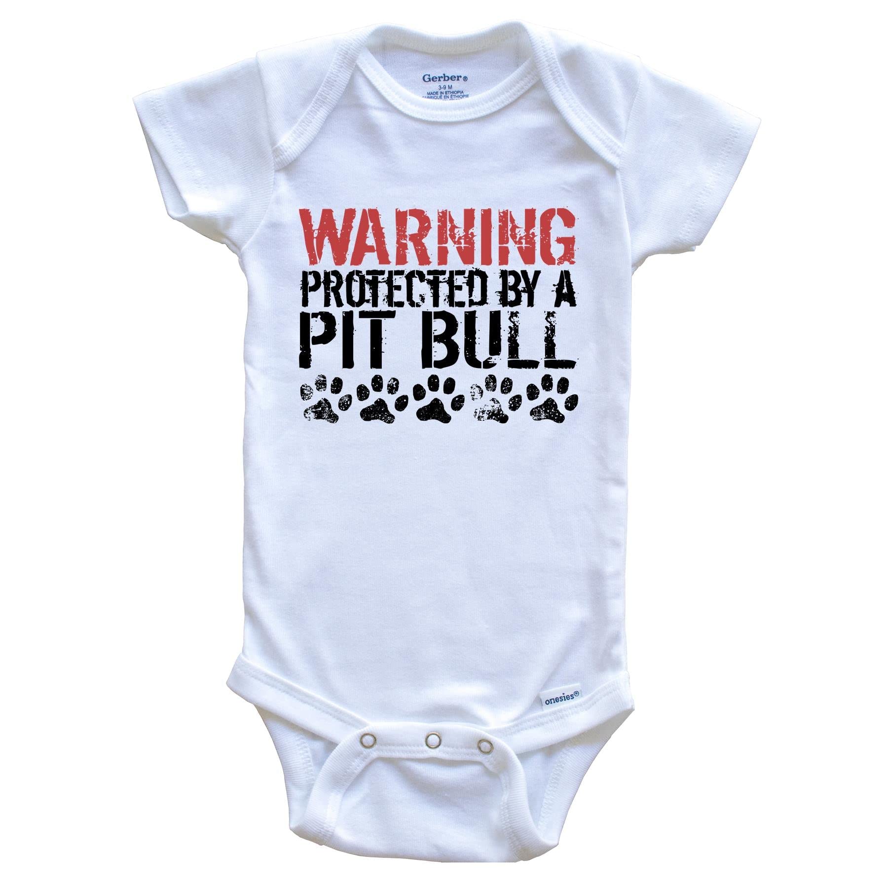 Warning Protected by A Pit Bull Funny One Piece Baby Bodysuit Funny Dog Baby Bodysuit