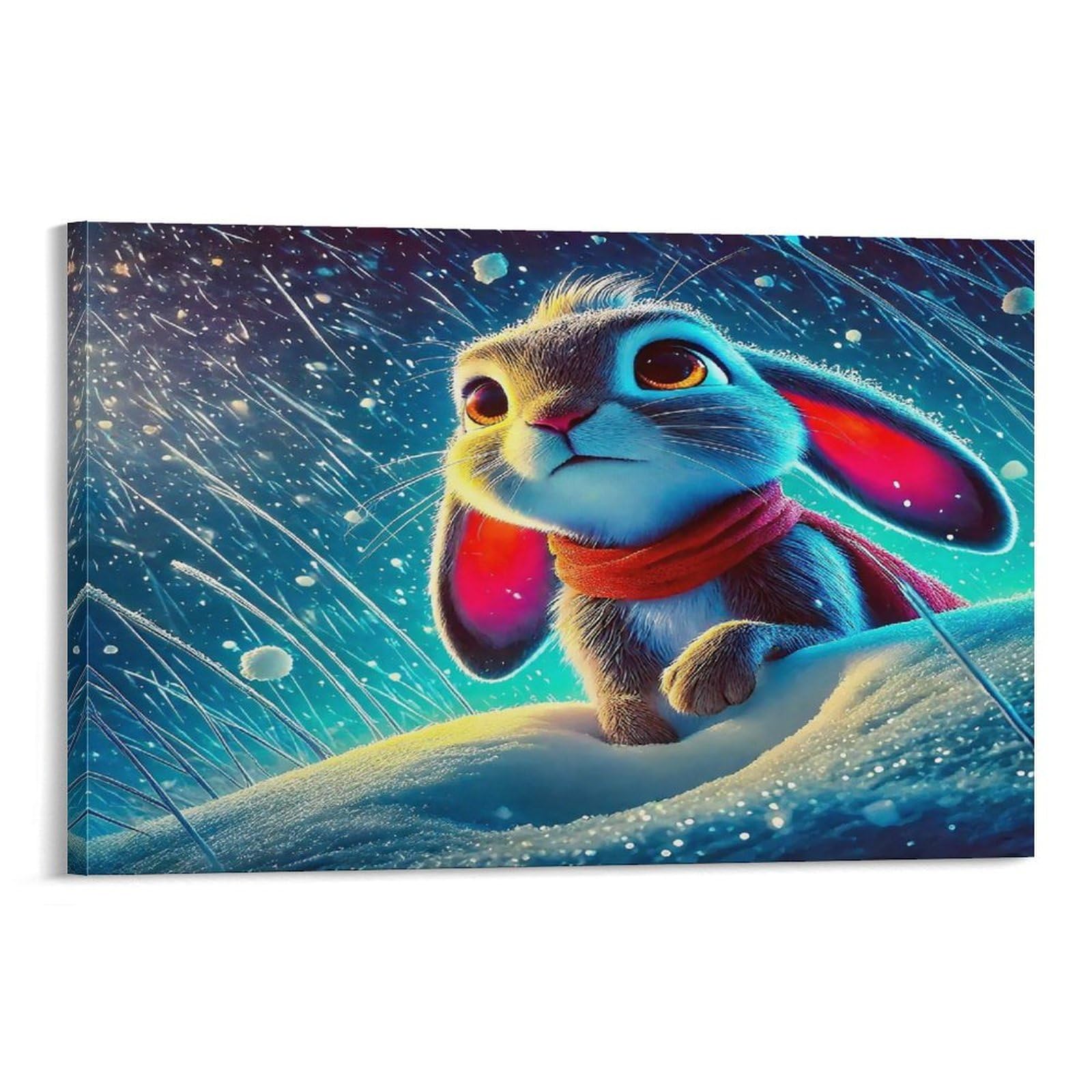 CPLVKWRQJ Cute Bunny with Umbrella Individual Cartoon Rabbit Snow Red Scarf Wall Art Decor - Office Wall Focal Art Multi-Purpose Fade Resistant Decor 20x30inch(50x75cm)