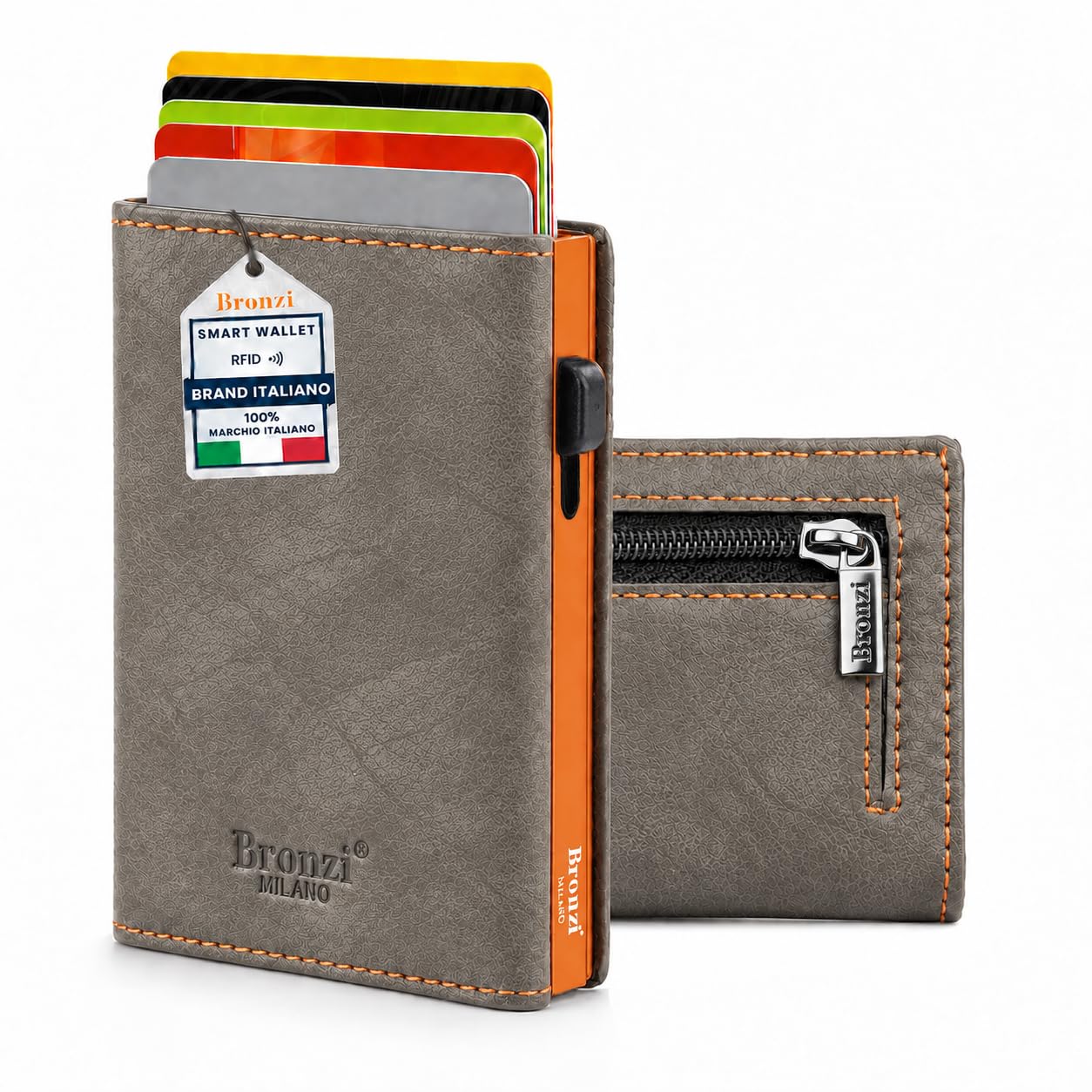 Bronzi® Portafoglio Uomo Slim Piccolo | Portacarte Uomo Donna Portatessere Porta Carte Di Credito | Portafogli Mini Protezione RFID con Portamonete | Box Regalo - Brand Italiano [GRIGIO ANTRACITE]