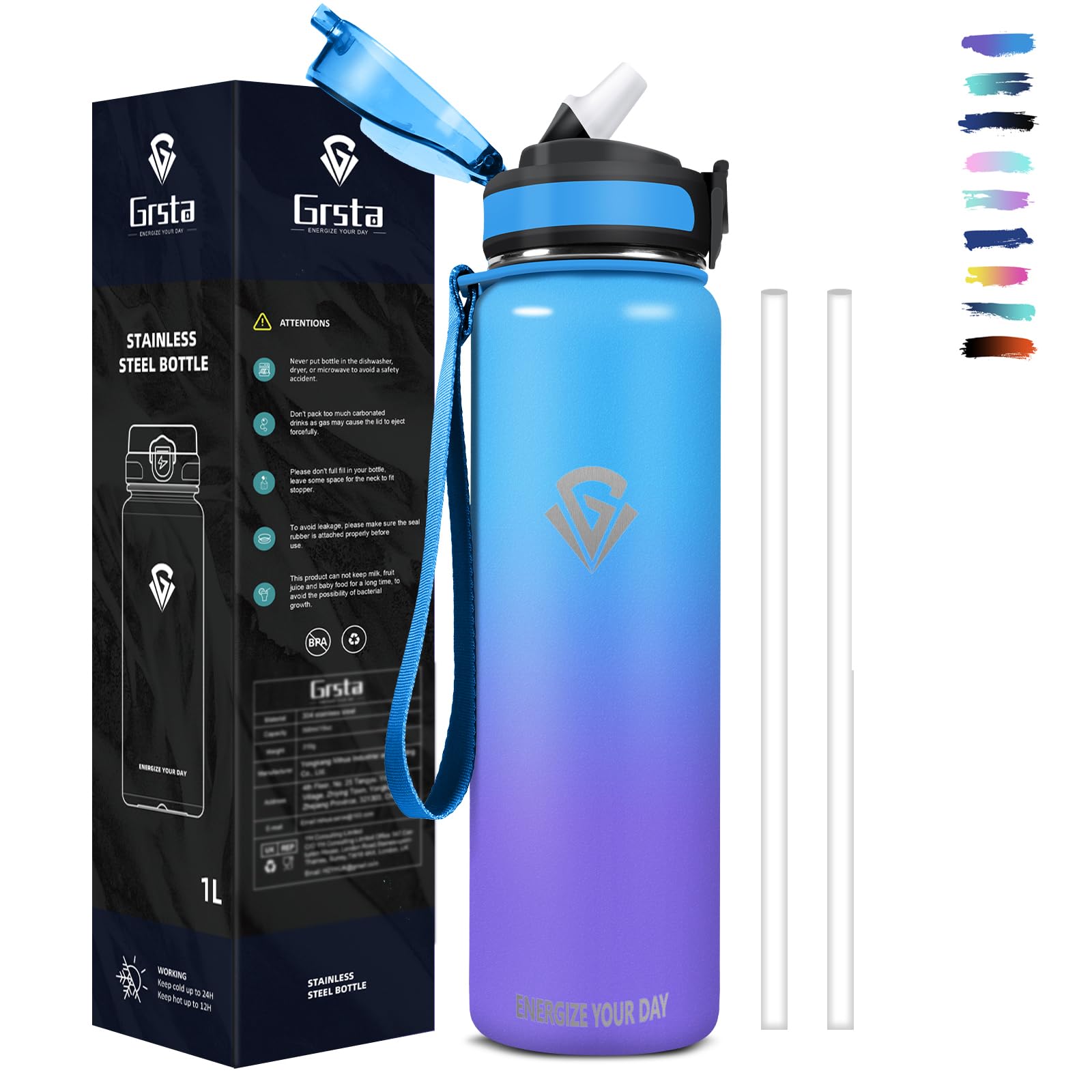 Grsta Drinking Bottle 1 Litre BPA-Free Drinking Bottle with Straw Leak-Proof Cold and Warm Double Wall Insulation Water Bottle for Fitness Hiking Camping Bicycle
