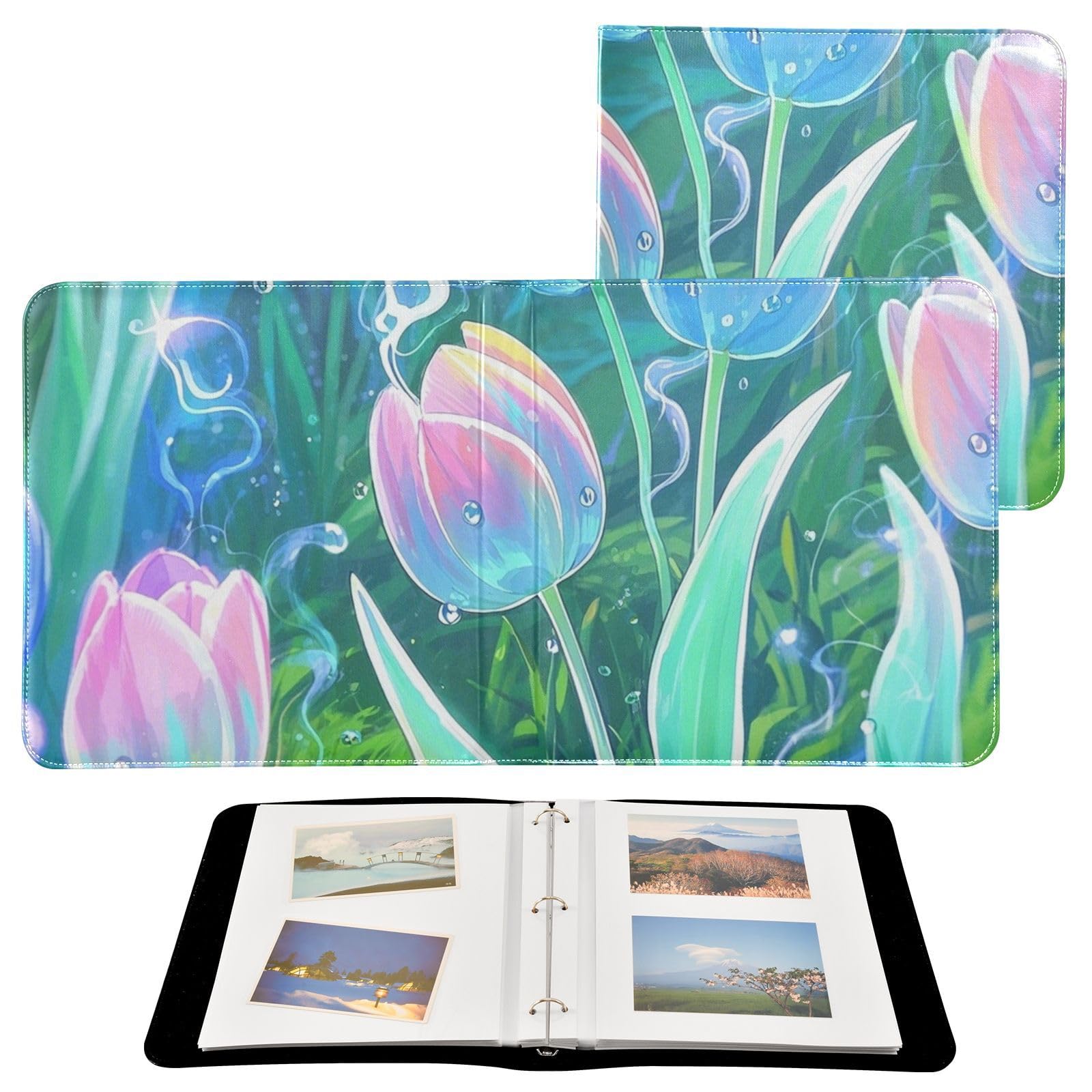 Photo Album 4x6, 5x7,6x8,Artificial Leather Photo Albums with 20 Detachable Sheets Tulips Print for Family Wedding,Multi 13