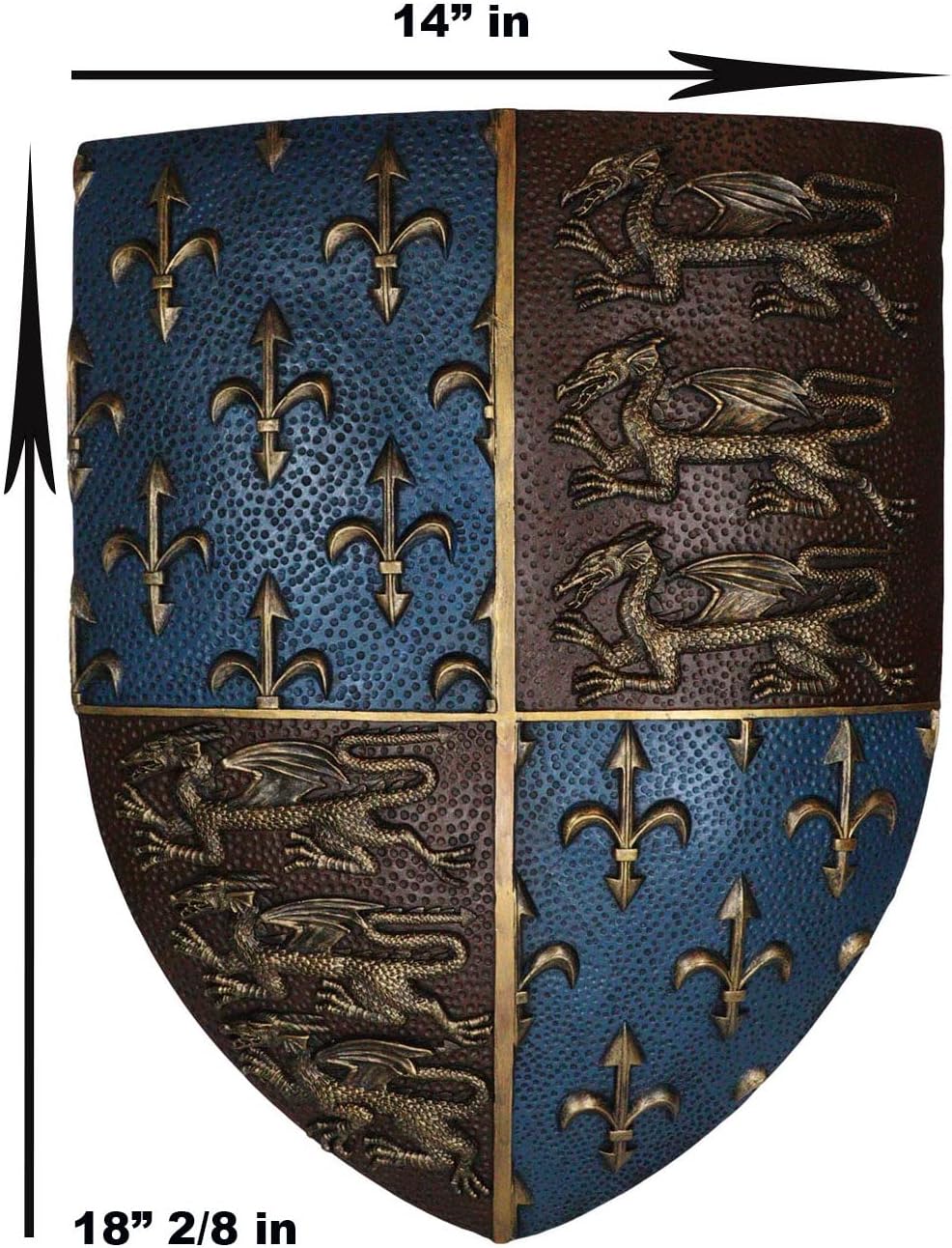 Ebros Gift Large Medieval Kingdom Knight Coat of Arms Le Fleur Symbols And 3 Dragons Royal Shield Wall Decor Plaque In Maroon And Blue Colors 19" Tall Heraldry House Of Nobility Symbols