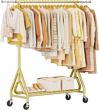 Heavy Duty Clothes Rack, Metal Clothing Rack Load 450 LBS, Rolling Coat Racks for Hanging Clothes with Lockable Wheels, Wardrobe Closet Garment Racks for Bedroom, Gold