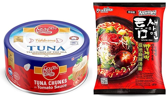 Golden Prize Tuna Chunk in Tomato Sauce 185Gms and Paldo Teumsae Ramyun Noodles 120g, Combo Pack