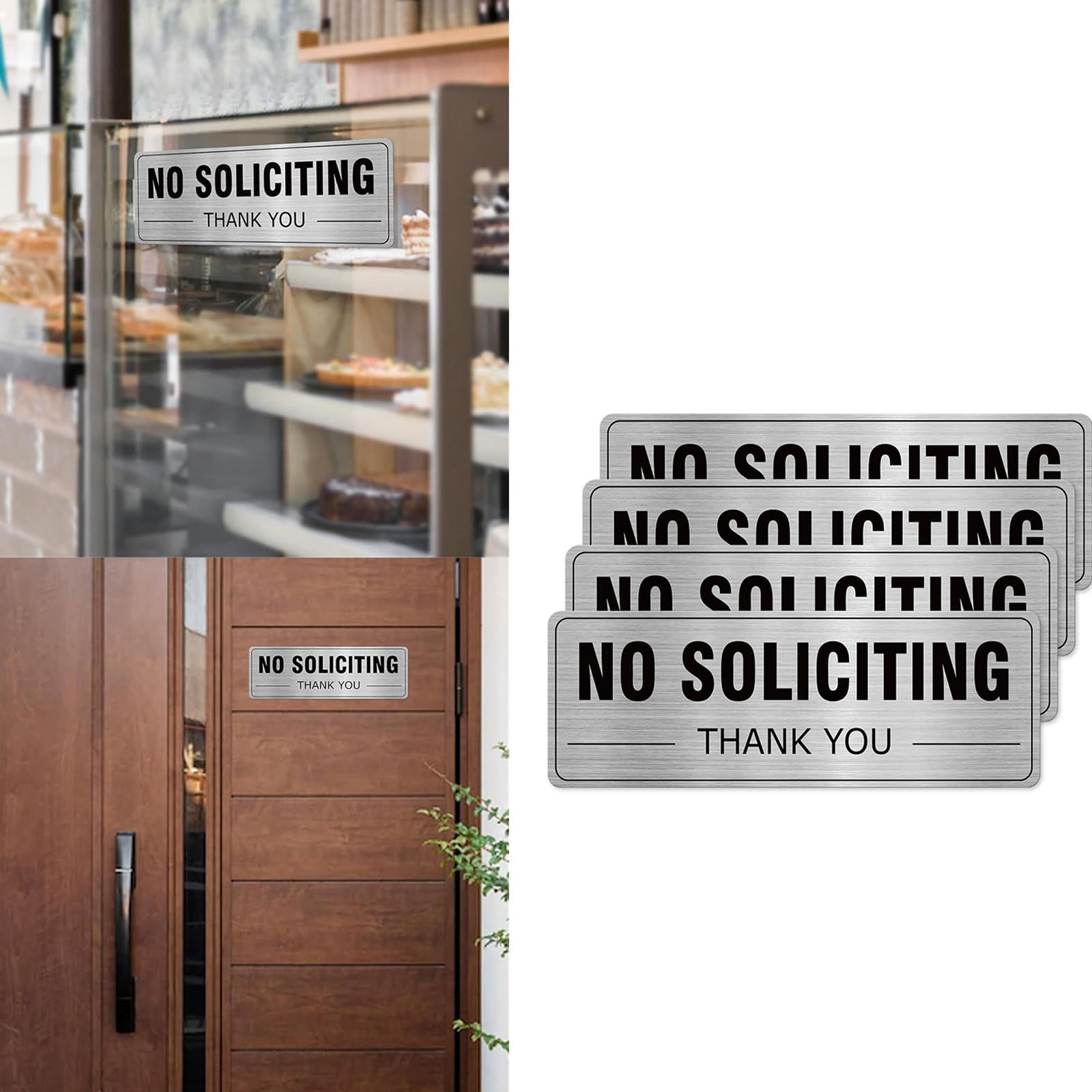 Letrero de mensaje de puerta con texto en inglés «Do Not Solicit», aluminio cepillado, paquete de 2, 9 x 3 pulgadas, con texto en negro transparente para ventana y puertas de entrada, mensaje de