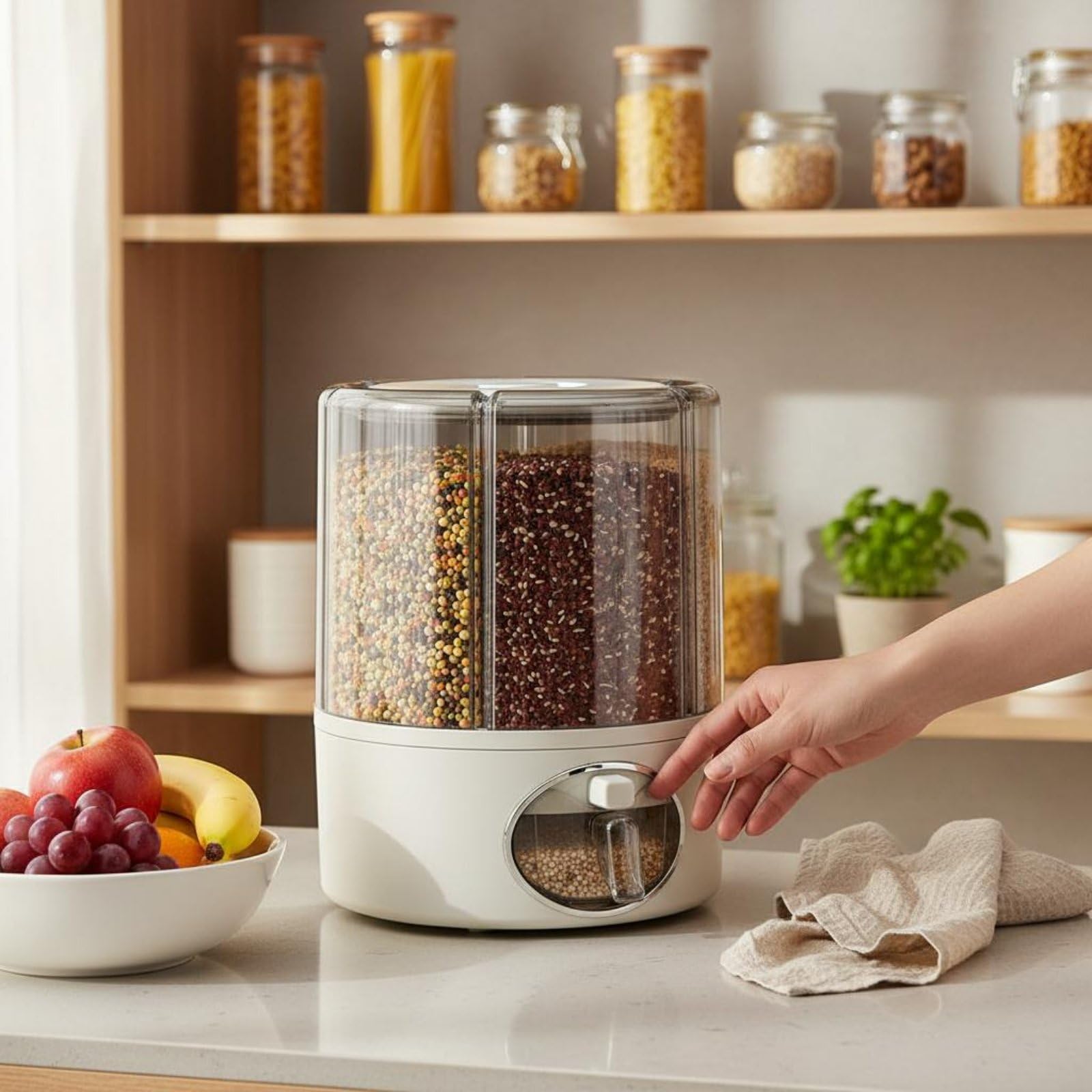 Yajuyi Dispenser di Cereali Contenitore Dosatore tore Organizer Rotante Compatto in PP Trasparente Struttura Sigillata Antiumidità Rotazione Fluida per, Cream, L