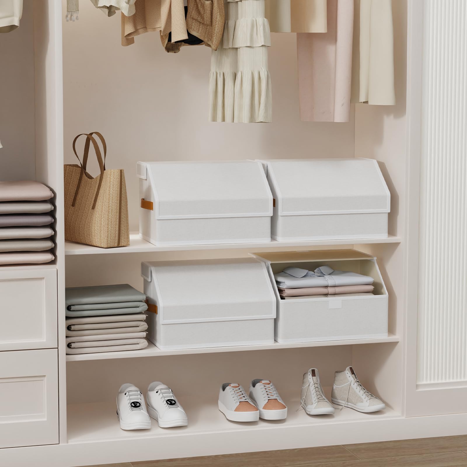 OUTBROS Cajas Almacenaje, Cesta Almacenamiento Tela con Mango, 38x25x25 cm Caixas Plegable, Organizador de Contenedores de Ropa y Libros, Blanco, 3 pieza