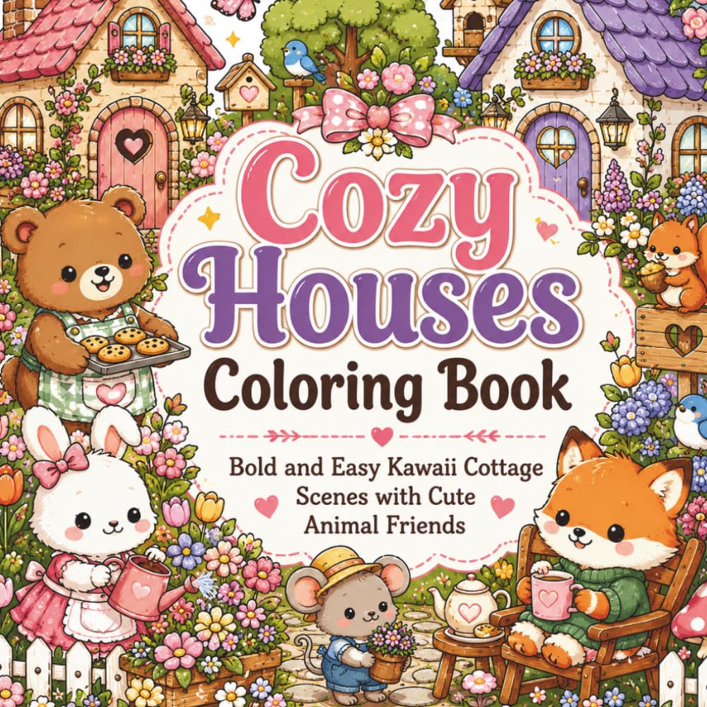 Cozy Houses Coloring Book: Bold and Easy Kawaii Cottage Scenes with Cute Animal Friends - Relaxing Coloring Pages for Kids, Teens & Adults