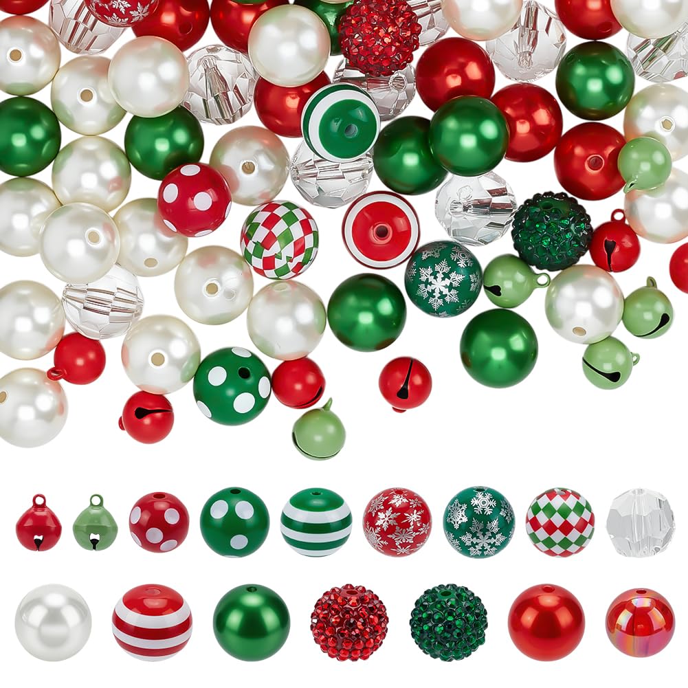 PH PandaHall 20mm Christmas Beads 86pcs Red Green Chunk Bead Large Focal Bead Bubblegum Beads with Bells for Xmas Jewellery Making Decoration Necklace Bracelet Keychain Beadable Pens DIY Craft