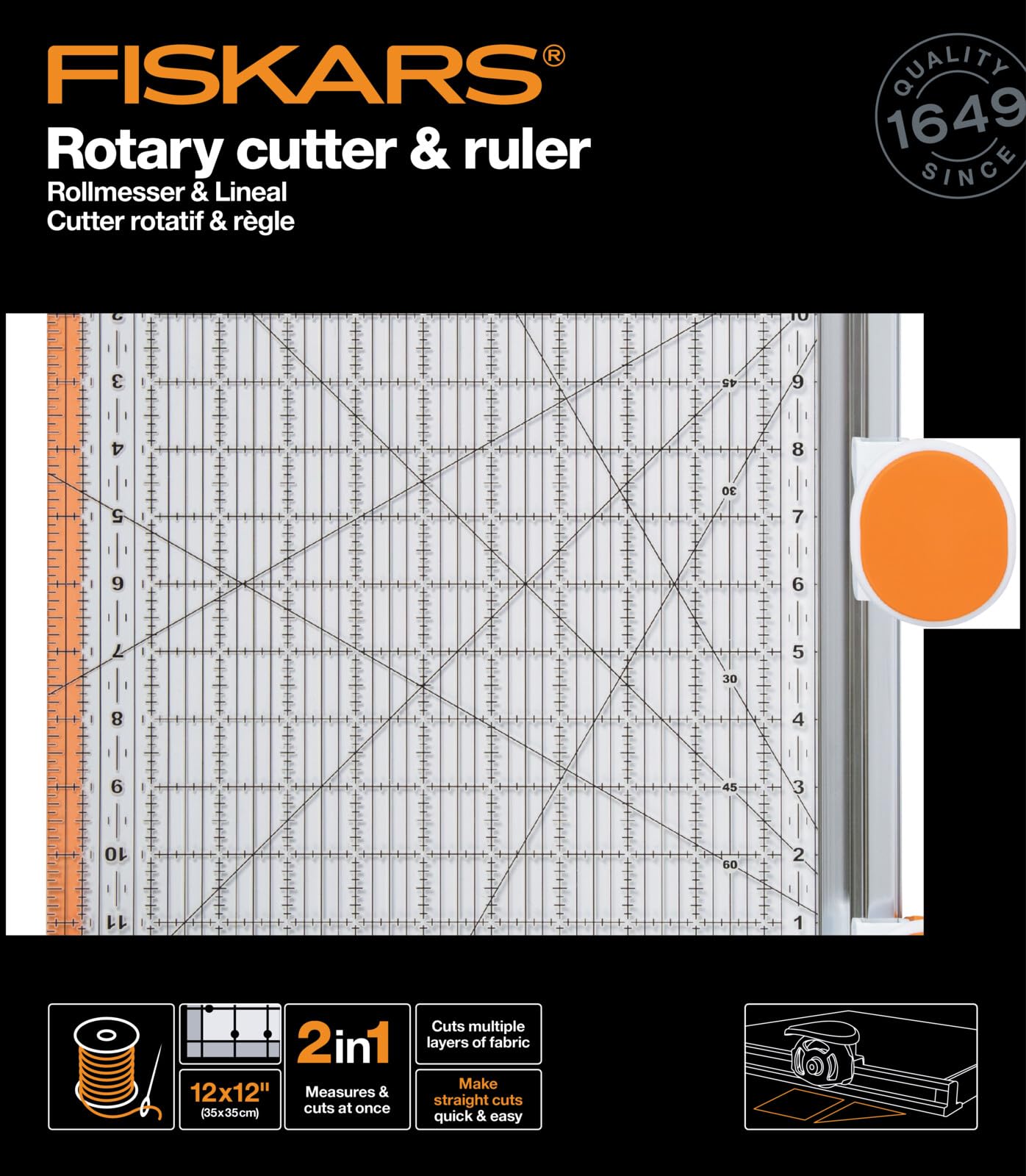 Fiskars Taglierino con lama rotante e righello, 12” x 12”, Arancione/Bianco, 1016264