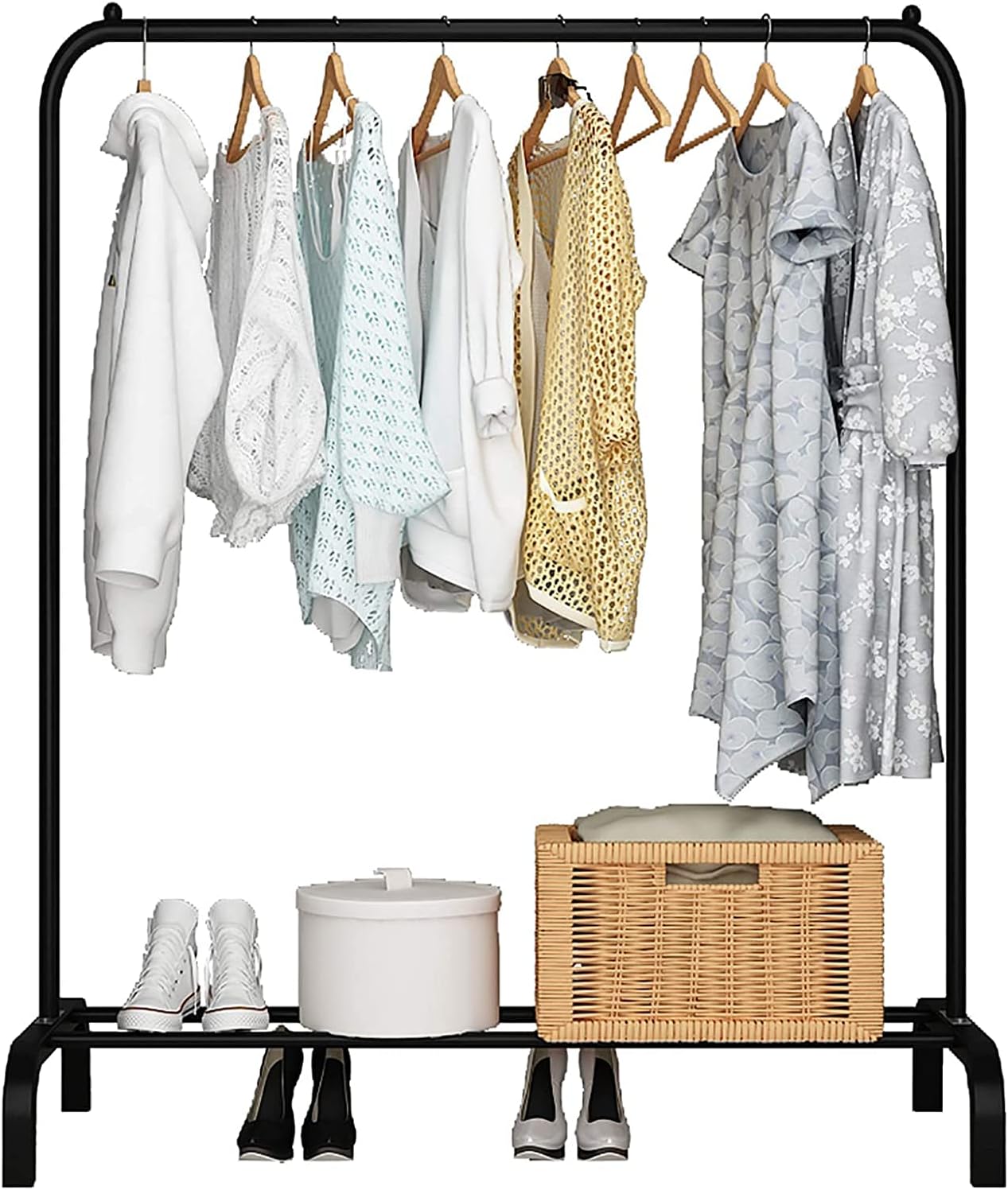 House of Quirk Heavy Duty Iron Garment Rack with 8 Branch Hooks โ Freestanding Clothes Organizer Stand with Top Rod & Bottom Shelf for Bedroom & Entryway (Black, 150ร42ร110 cm)