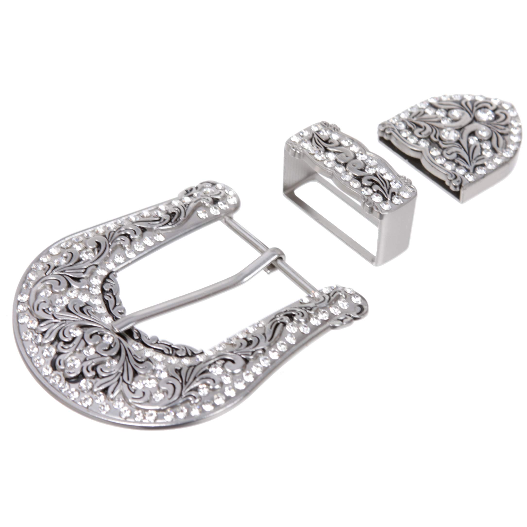 Western Floral Scroll Rhinestone Belt Buckle Set for Replacement Leather Craft, Silver