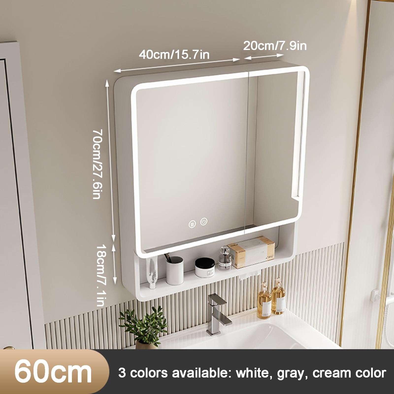 LED-Badezimmer-Spiegelschrank mit Stauraum – Wandmontierter Kosmetikspiegel mit Regalen, stilvoller Medizinschrank für nized Badezimmer, 60 x 88 cm / 23.6x34.6in