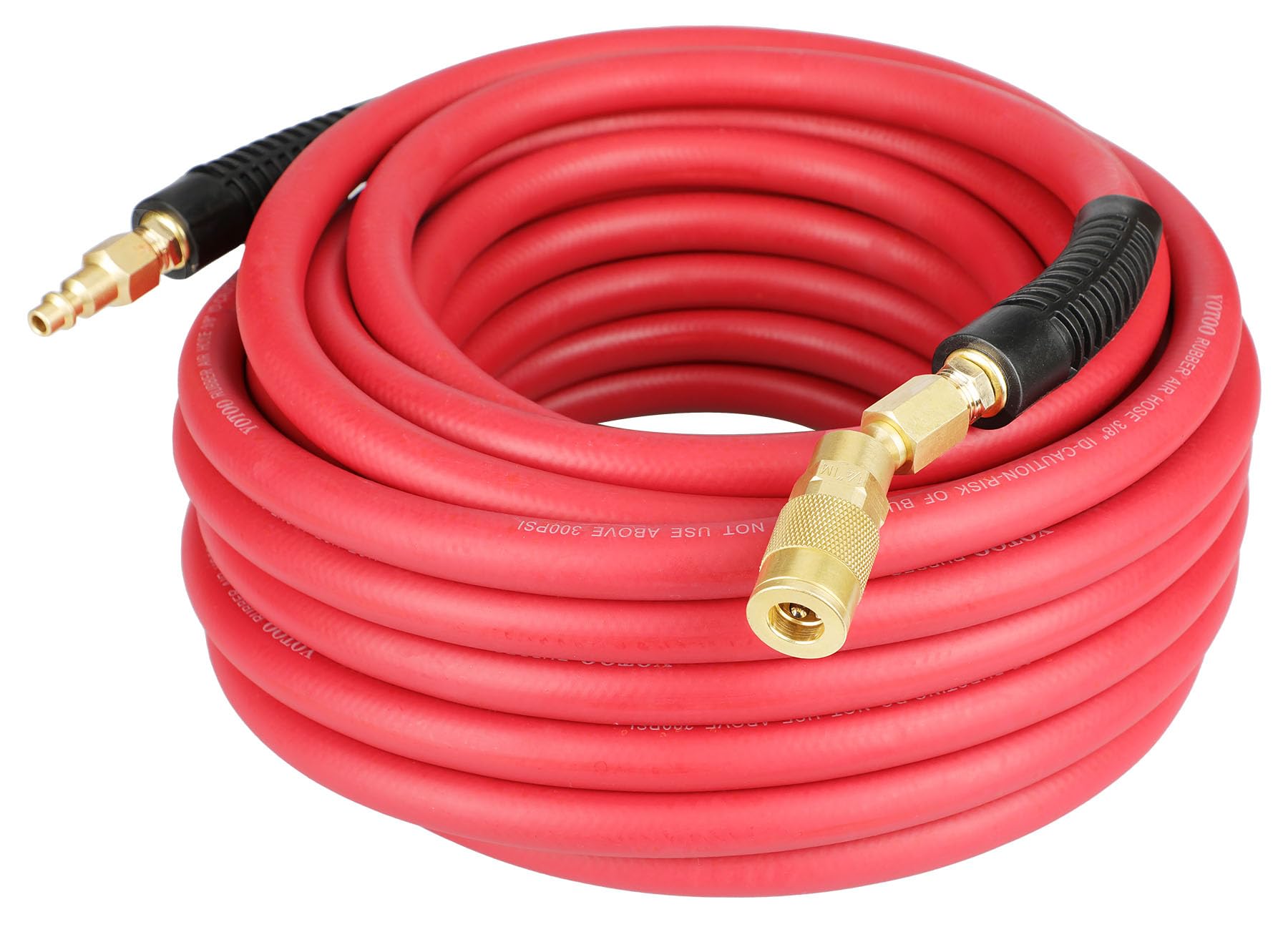 YOTOO Rubber Air Hose 3/8-Inch by 50-Feet 300 PSI with 1/4" Industrial Swivel Solid Brass Quick Coupler, Plug and Bend Restrictors, Red