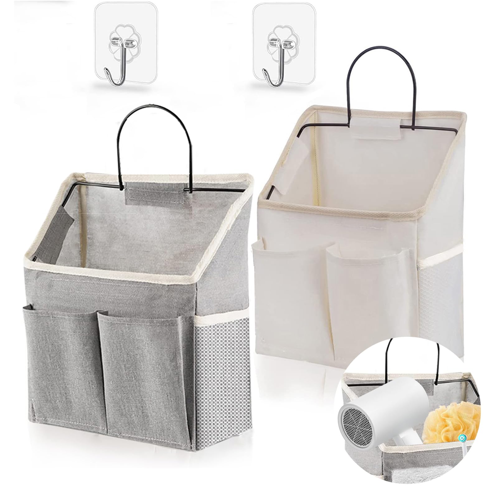 ACEZIYAN 2pcs Wall Mounted Organizer Storage Bag Wall Mounted Storage Basket With Pockets Linen Door Hanging Storage Basket For Kitchen, Bedroom, Office, Rv Camping (Gray And White)