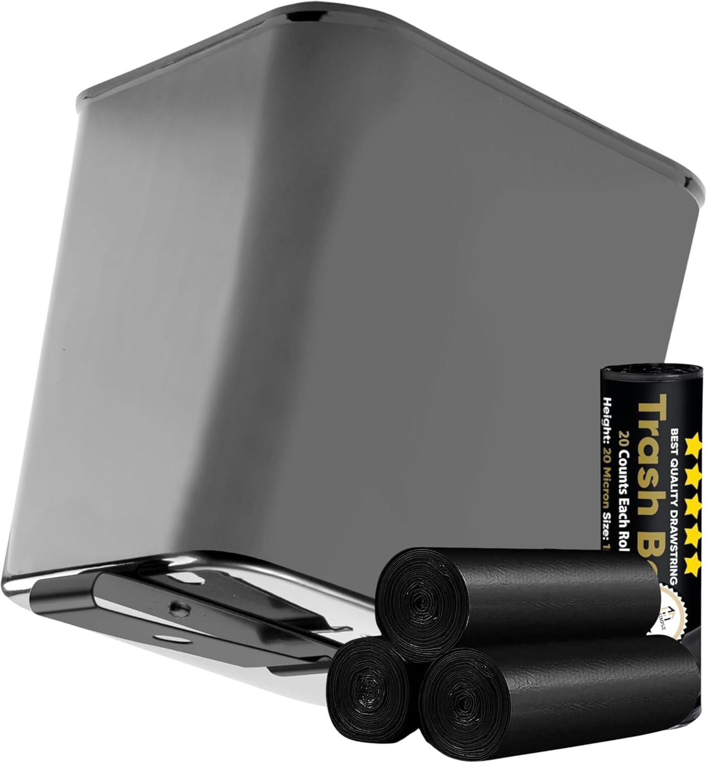 Gray Car Trash Can plus Trash bag bundle – Waterproof, w/Floor Mat Clip, Leakproof Build, Portable – Includes 1 Roll Inside + 3 Extra Roll (80pcs Total) – Black, Large – For Cars, SUV, & T