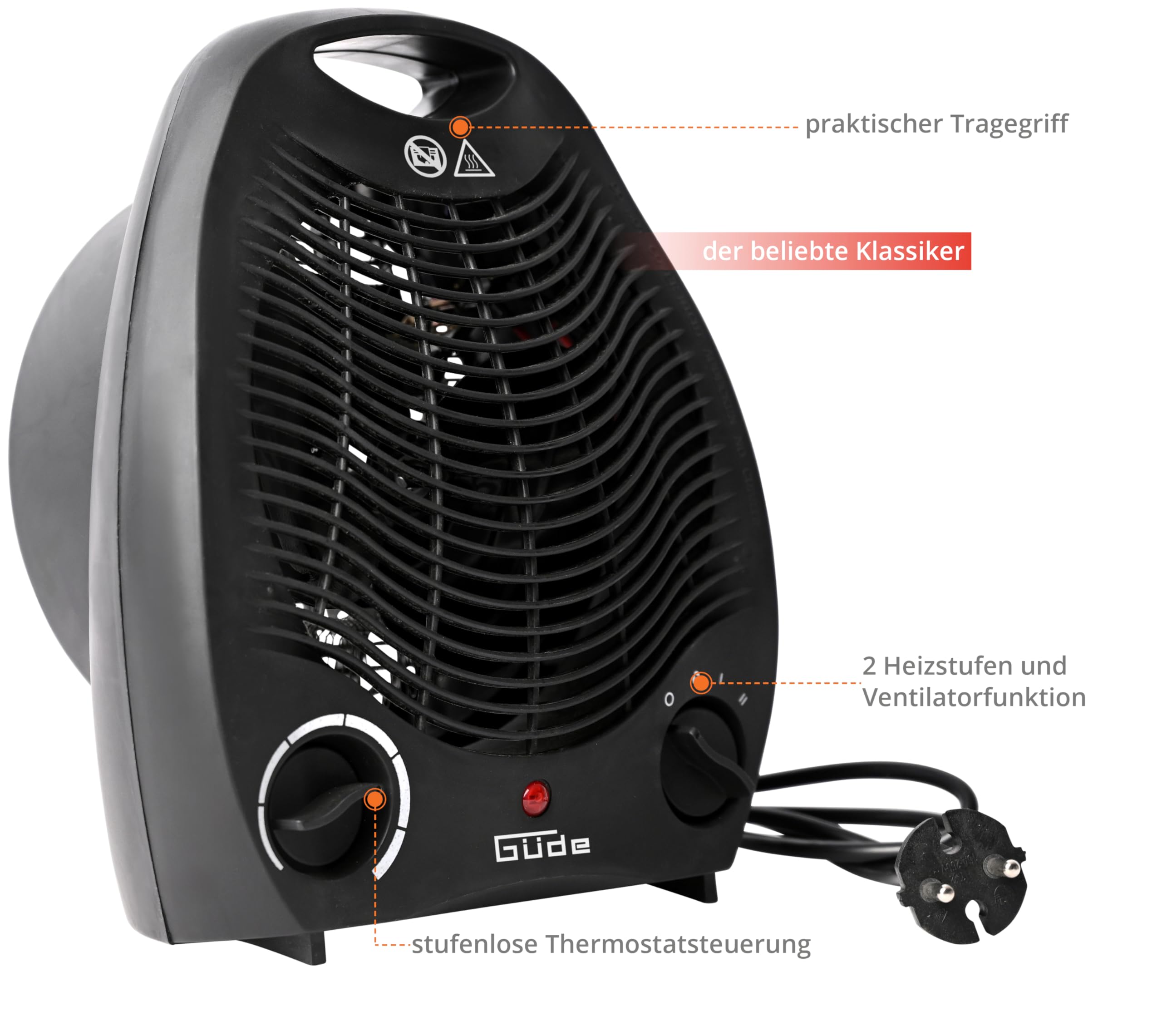 Güde Calentador de ventilador GH 2000 B (220-240 V, 2000 W de potencia de calefacción, 2 niveles de calor: 1000/2000 W, potencia de soplado 75 m³/h, termostato continuo, protección contra