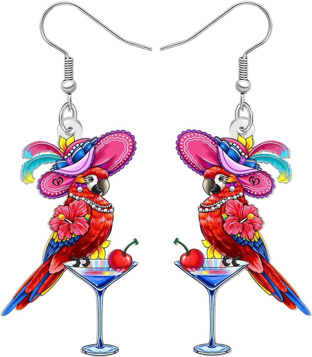 Acrylic Cute Hawaii Tropical Flower with Parrot Dangle Earrings Fun Animals Dangling Spring Summer Jewelry Bird Gifts for Women Bird Lovers Accessories