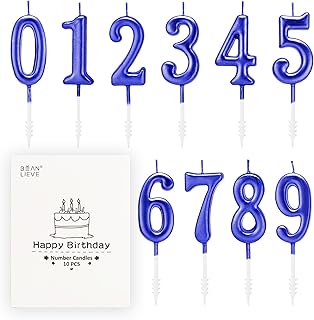 Beanlieve Blue Numeral Birthday Candles - Cake Numeric Candles Number 0 1 2 3 4 5 6 7 8 9, Used for Cake Decoration on Birthday Parties and Wedding Anniversary Celebrations(10 Pieces)