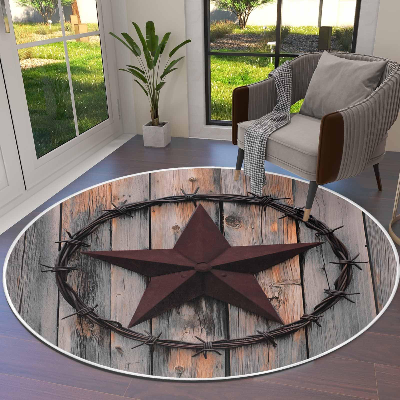 Wood Star Retro Area Rug for Bedroom Living Room, 3ft Round Runner Rug Washable Rug, Country Rustic Western Texas Woodgrain Non-Slip Kitchen Rug Non
