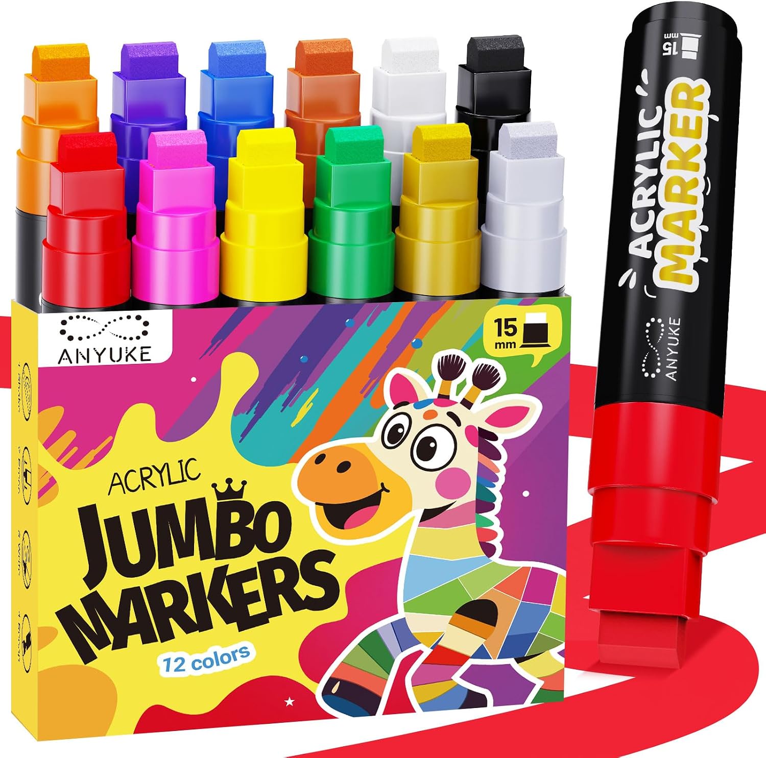 ANYUKE 12 Colors Acrylic Paint Markers - 15mm Jumbo Poster Markers, Permanent Paint Pens for Poster Board, Fabric, Rocks, Wood, Glass, Ceramic, Canvas, Metal, Plastic