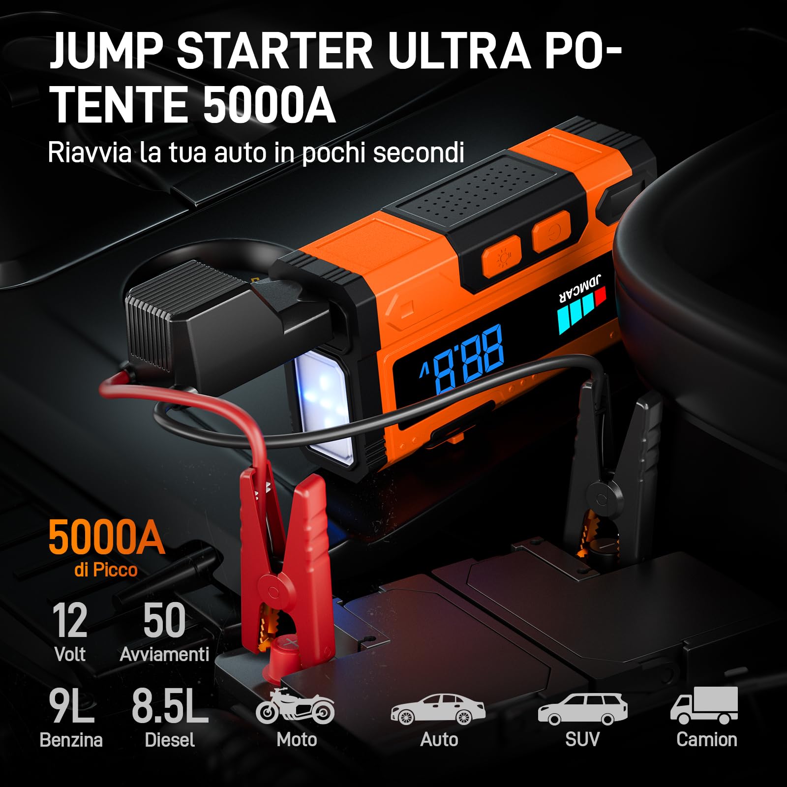 JDMCAR Booster Avviamento Auto - Upgrade 7000A Avviatore Batteria Auto, Starter Batteria Auto Portatile con LED/LCD, Avviatore di Emergenza per Auto/Moto (Fino a 9.0L e Diesel fino a 8.5L) - 3