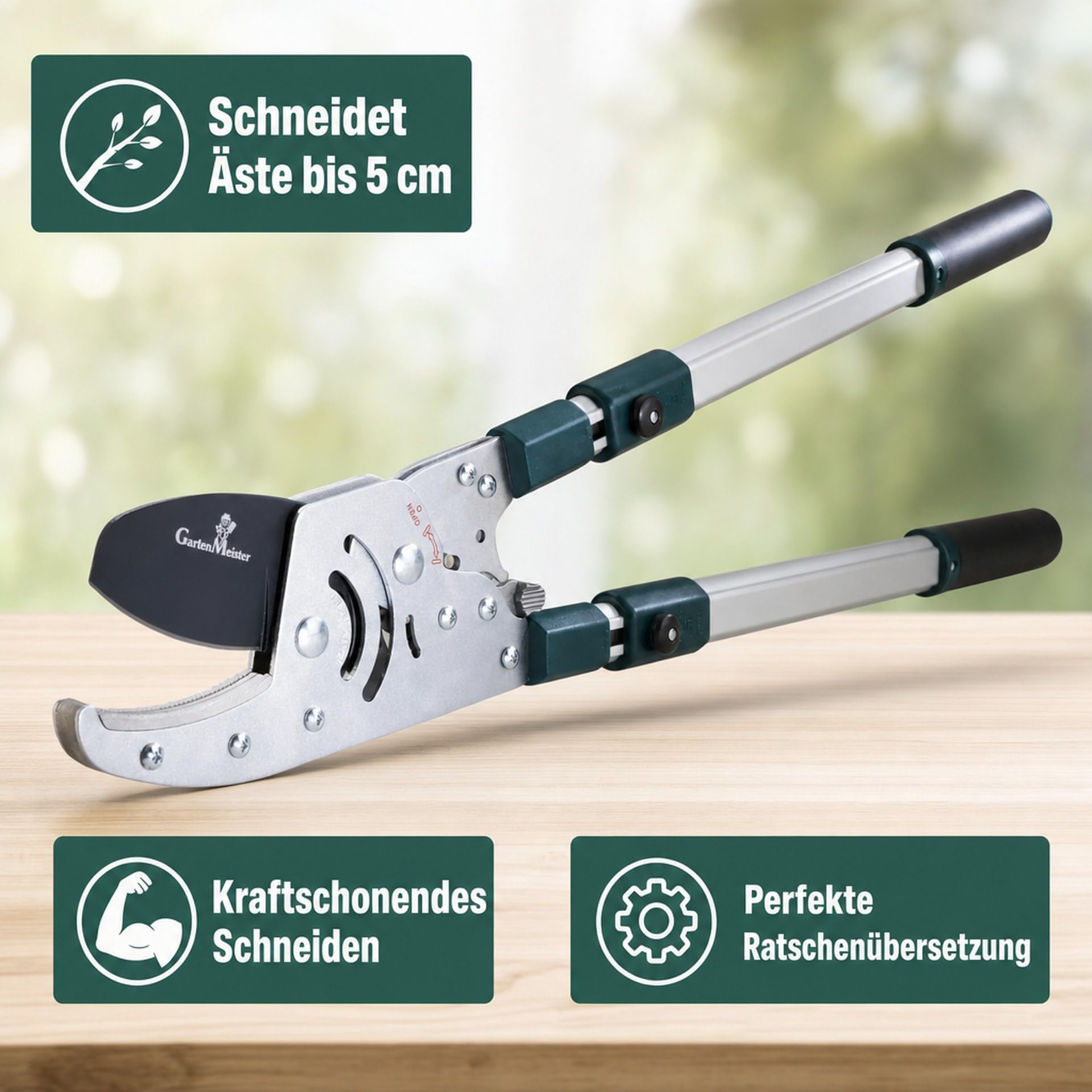 Sekator z ratchetem Amboss Astratschenschere teleskopowy 50 mm cięcia, hartowane ostrza, antypoślizgowe uchwyty, lekki 1890 g do grubych gałęzi w ogrodzie