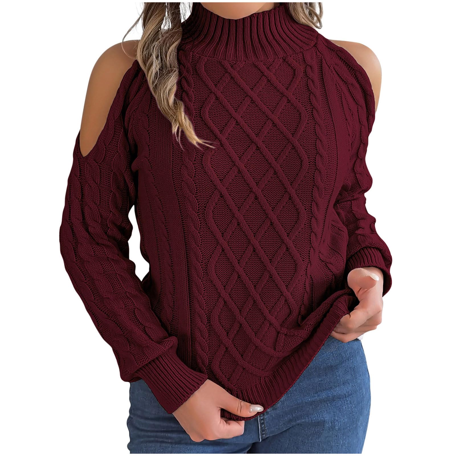 Cold Shoulder Turtleneck Sweaters for Womens 2025 Soft Cable Knit Pullover Long Sleeve Twist Pattern Sexy Jumper Tops