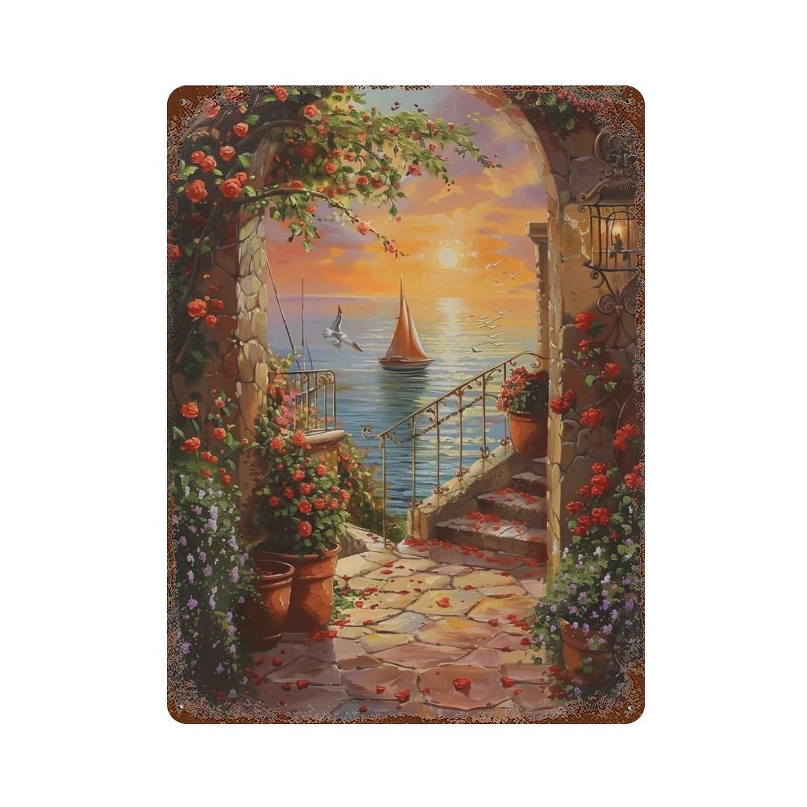 Hduryeyryy Multicolour Mediterranean Rose Path 02 Wall Retro Iron Vintage Art Metal Tin Sign Poster Modern Home Cofffee Club Art Bar Shop Decor 40X30cm