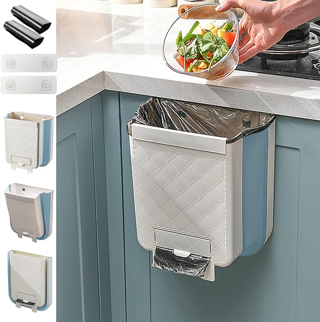 Ruucy Upgraded Hanging Foldable Trash Can, 11L Wall Mounted Waste Bin with Trash Bag Storage, Creative Waste Bin for Kitchen Cabinet Door, Bathroom, Car, Camping