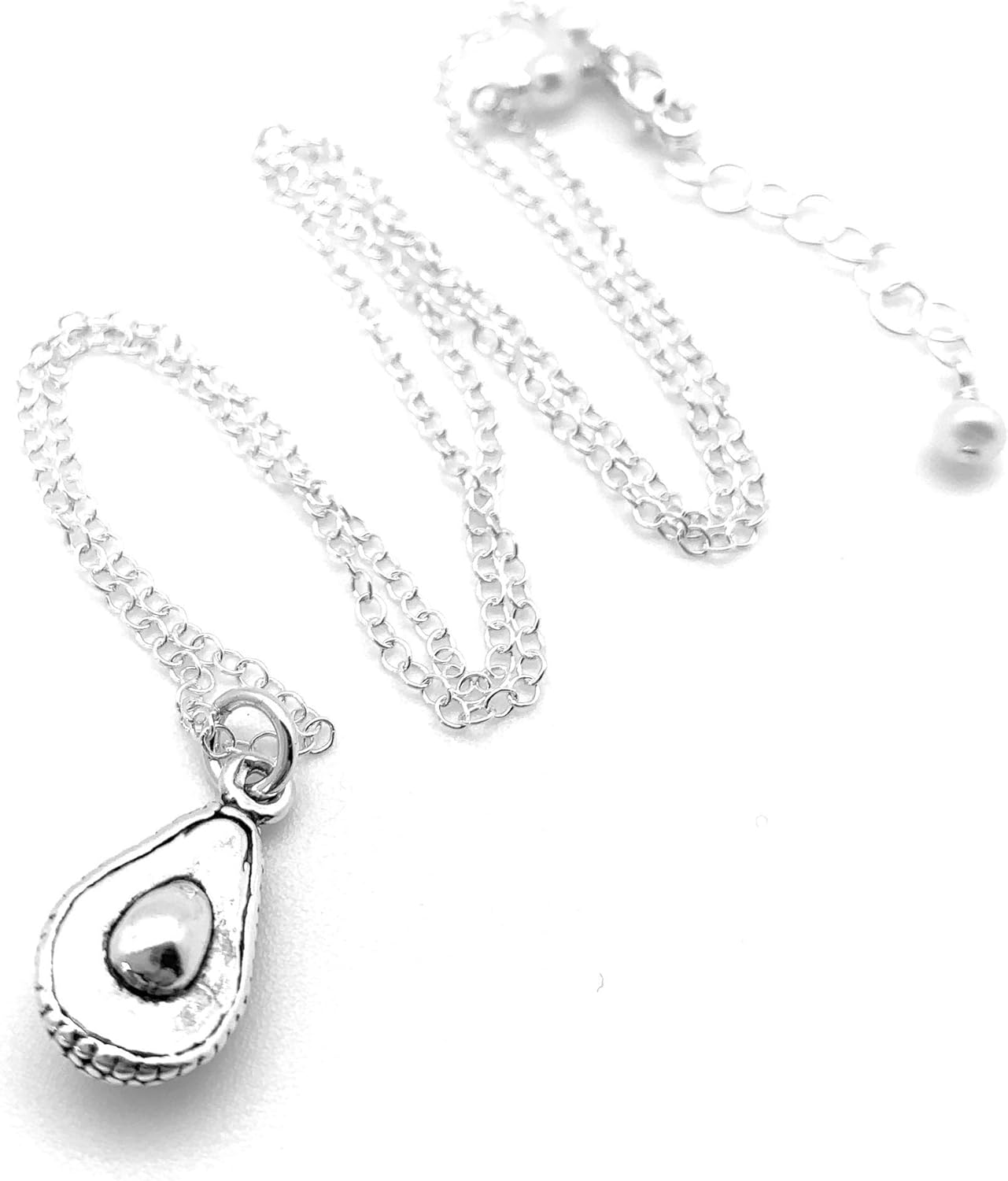 Handmade 3-D Avocado Charm Sterling Silver Necklace for Women - Adjustable Avocado Fruits Silver Chain with Extender - Perfect Guacamole Jewelry Gift for Her