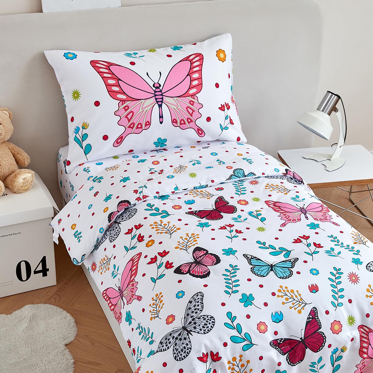 STYHO White Toddler Bedding Set Girls Butterfly Printed Duvet Cover Soft Reversible Colorful Floral Cot Bed Duvet Cover Set for All Seasons(Butterfly - Image 3