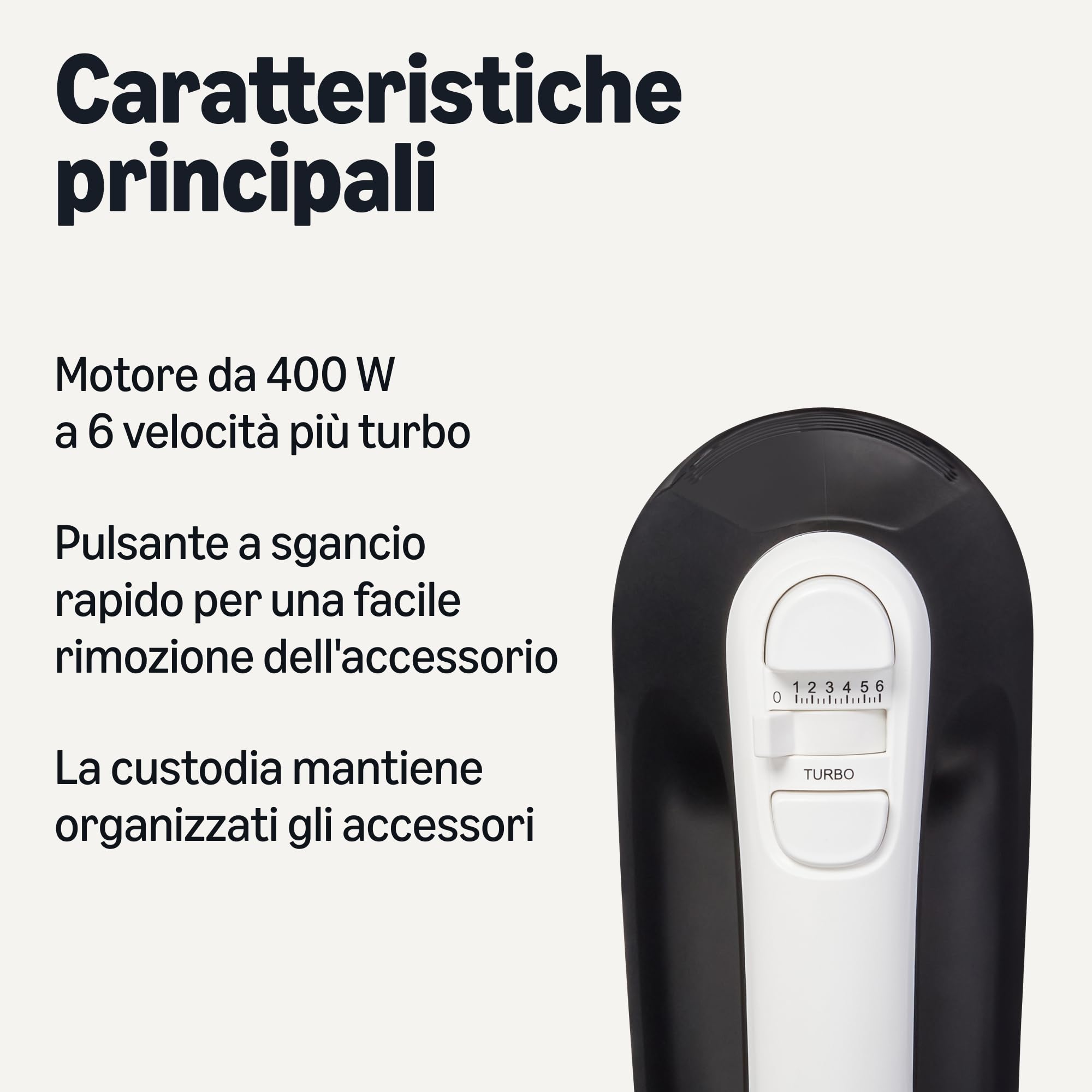 Amazon Basics Mixer manuale elettrico, 6 velocità e funzione turbo, custodia a scatto, 400 watt, Medio, Nero