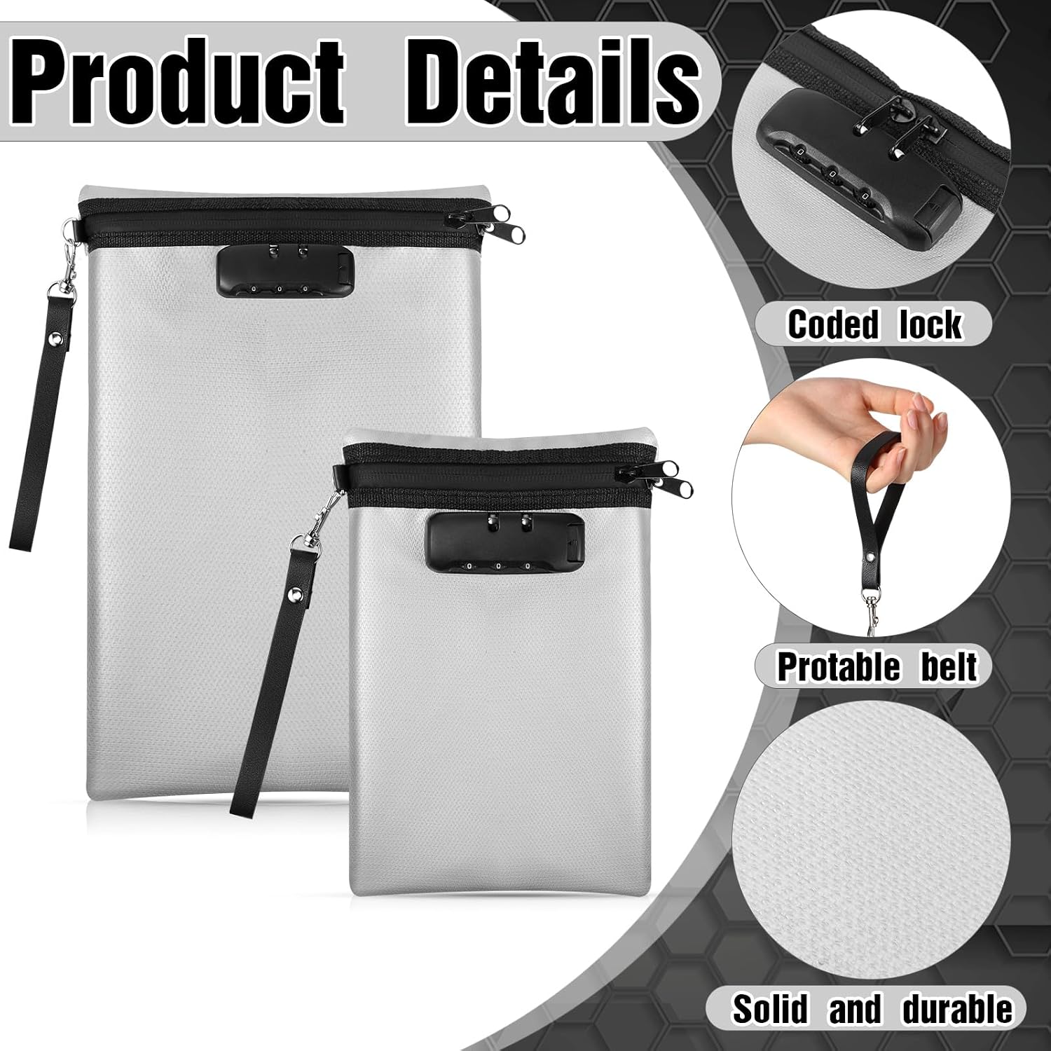 Nezyo Fireproof Safe Money Document Bag with Lock 2 Pcs Notary Journal Waterproof Bag with Zipper for A4 Storage Pouch File Passport Tablet, 14 x 10 Inch and 6.7 x 10 Inch(Grey,Vertical)