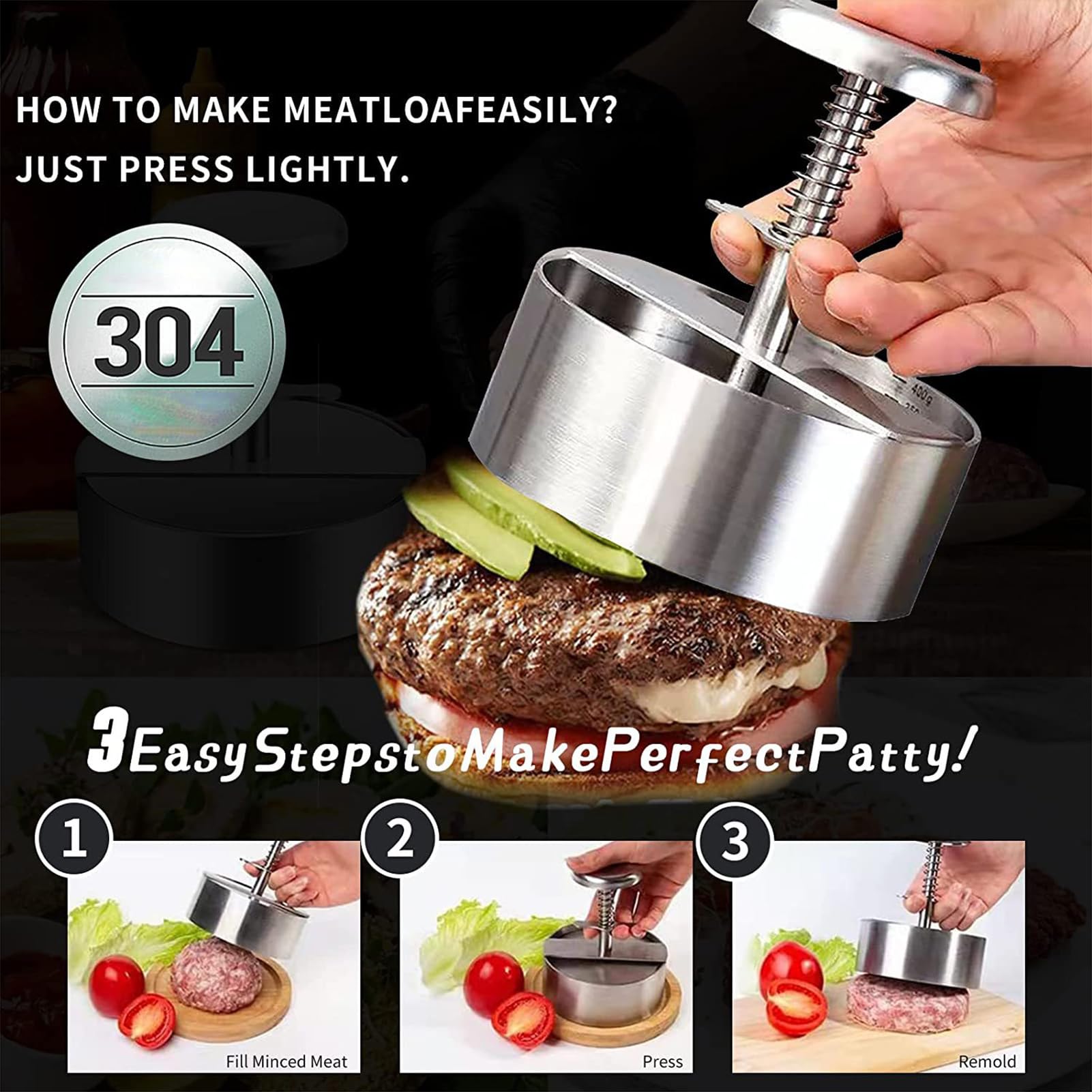 Edelstahl-Pattypresse, manuelle federbelastete Burgerpatty-Form, DIY-Reisbällchen-Füllform – ideal für Heimküchen, Grillpartys, Cafés und Restaurants,Silber,14 x 5 x 11.4 cm