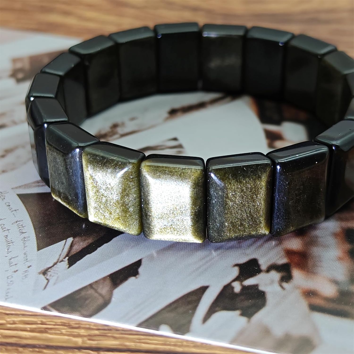 Golden Obsidian Bracelet Natural Rectangle Crystal Stretch Bracelet Gift for Men Women Christmas Birthday Energy Healing Bring Happiness Luck Wealth - Image 2